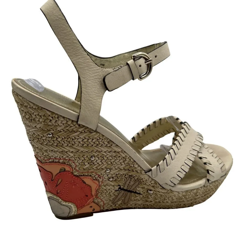 Coach Justeen 9.5 Butterfly Floral Design Woven Espadrille Wedge Leather Sandals